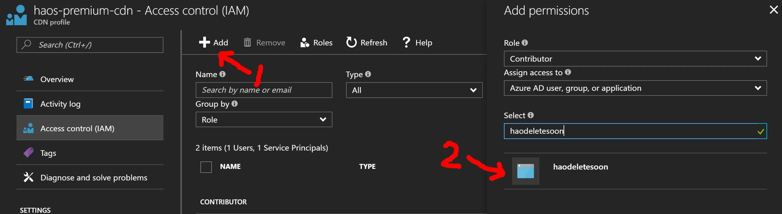 Add service principal to your CDN Profile