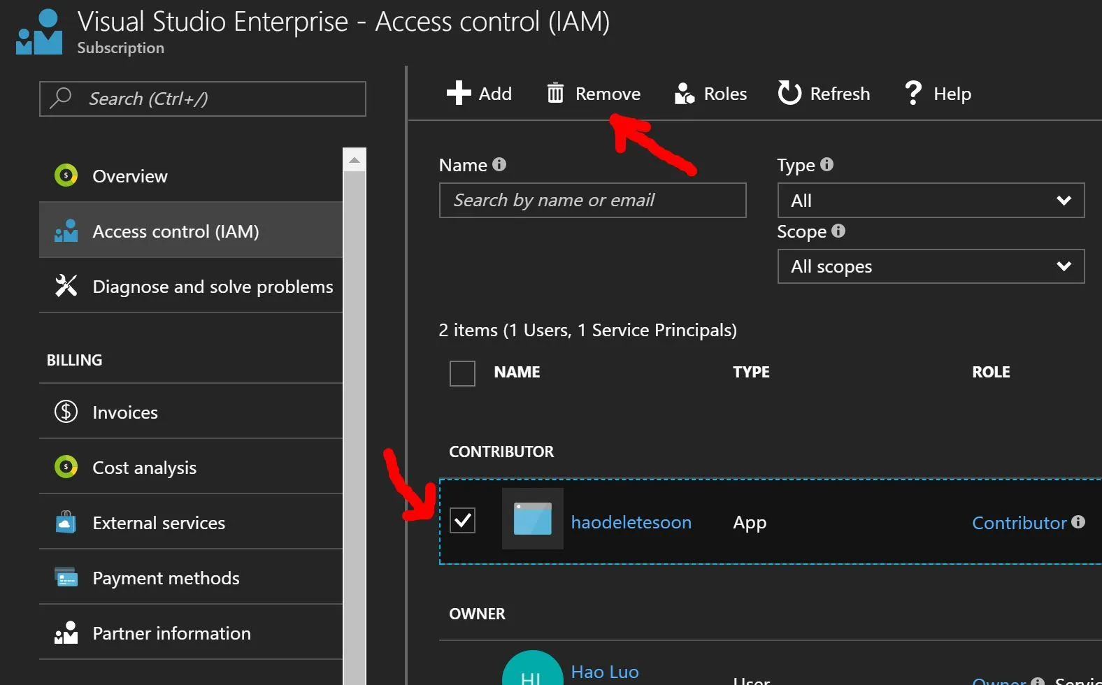 Remove service principal from your subscription